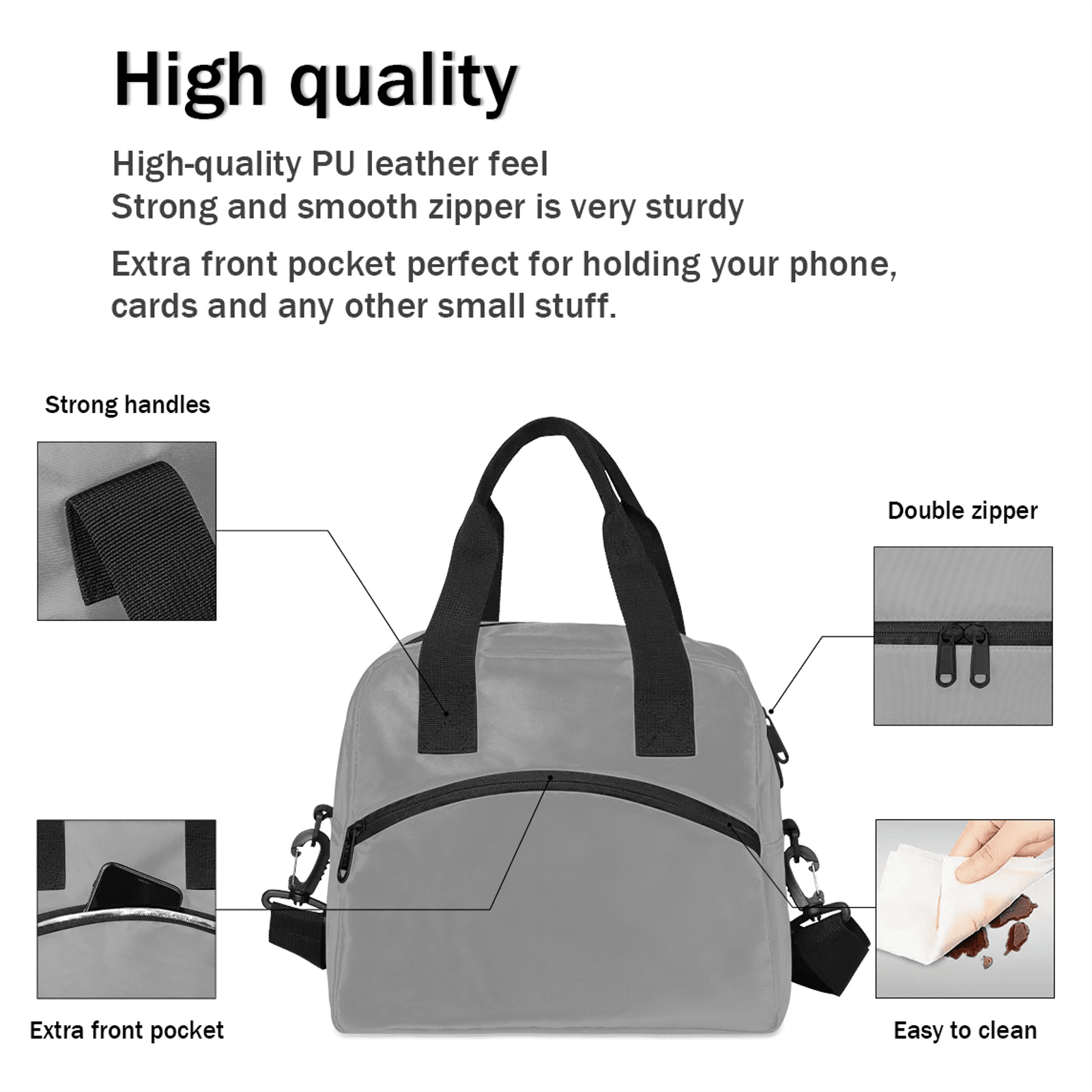 Herdesigns Grey Lunch Bag for Adults Men Women Insulated Reusable Lunch Box Leakproof Cooler Tote Bag with Adjustable Shoulder Strap