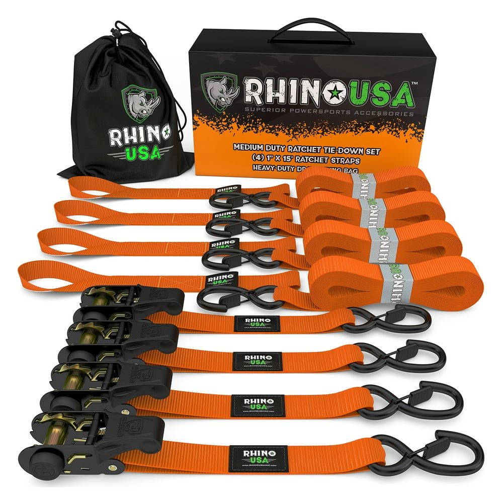 RHINO USA Ratchet Tie Down Straps (4PK) 1,823lb Guaranteed Max Break Strength, Includes (4