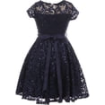 thumbnail image 2 of Little Girl Cap Sleeve Floral Lace Glitter Pearl Holiday Party Flower Girl Dress Navy 4 JKS 2102 BNY Corner, 2 of 4
