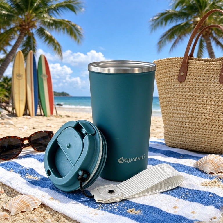 Aquaphile 17 oz Insulated Travel Coffee Mug with Strap, Blue photo 4