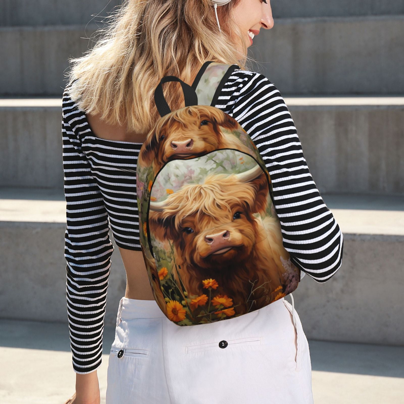 Vsdgher Cute Floral Cow Print Canvas Backpack Travel Rucksack Unisex Knapsack 15.7/17.7Inch Laptop Backpack for Work,College -Small