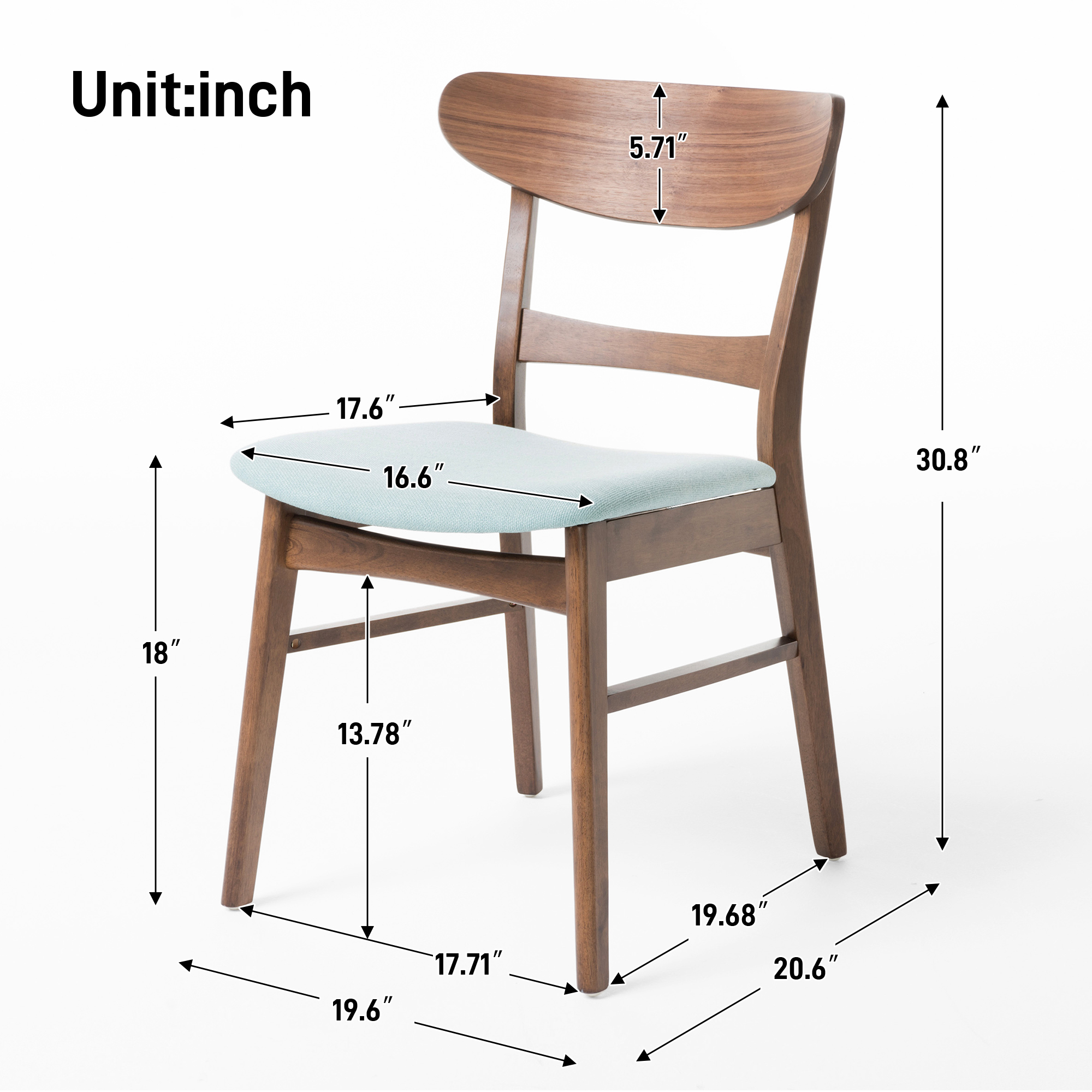 Euroco Wooden Dining Chairs Set of 2, Mid Century Modern Upholstered Kitchen Side Chairs with Curved Backrest,Dining Room Chair for Home,Mint