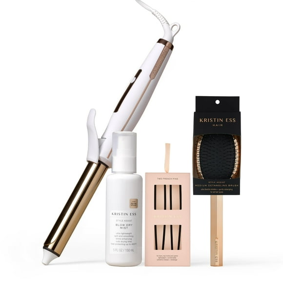 Rizador de cabello de titanio Kristin Ess de 1 pulgada + Spray protector de calor Style Assist Blow Dry para ondas playeras + Cepillo desenredante + Juego de 2 horquillas francesas negras mate