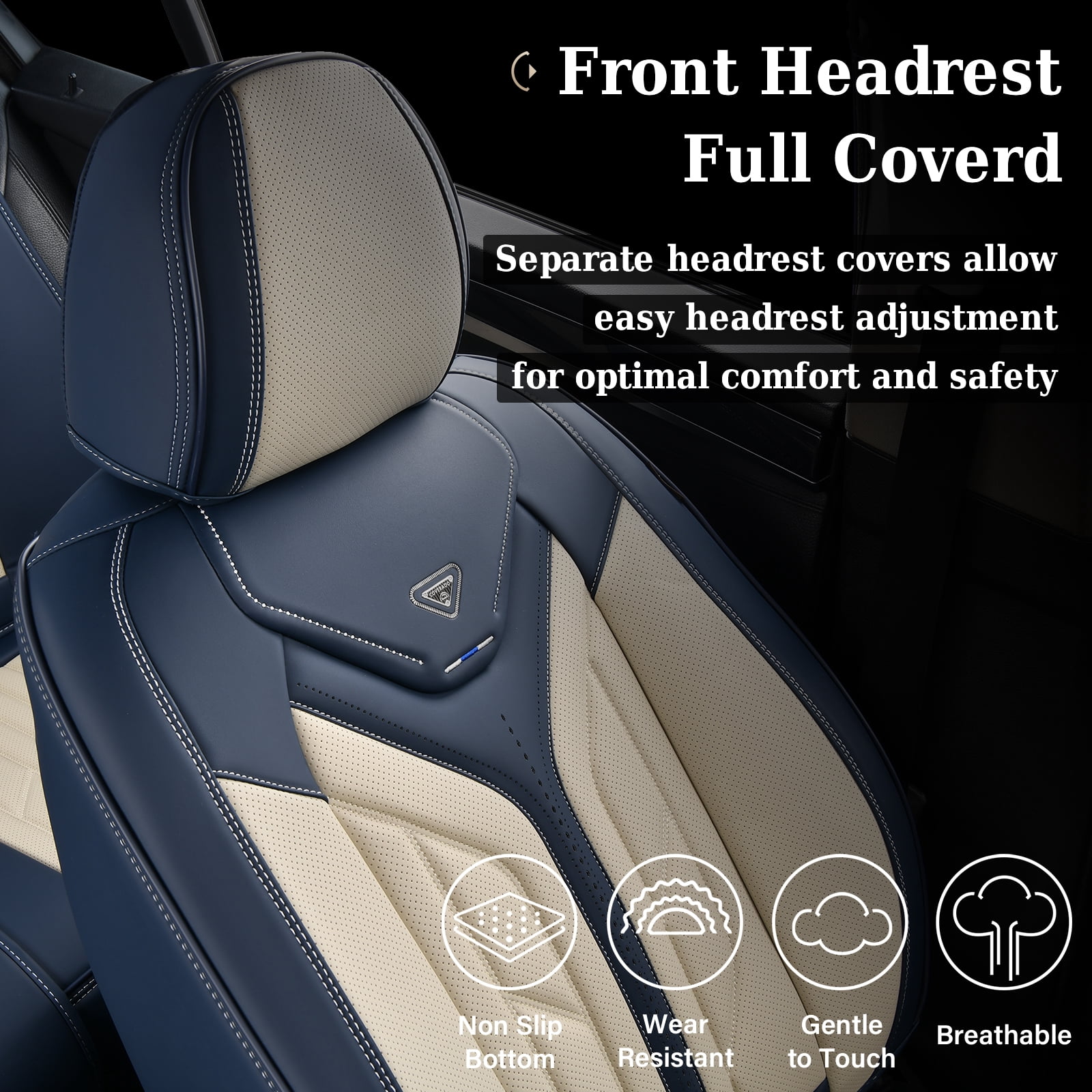 Coverado Car Seat Covers Full Set, Waterproof Airbag Compatible Faux Leather Front and Back Car Seat Protectors, Universal Fit for Most Sedans SUV Pick-up Truck, Blue&Beige