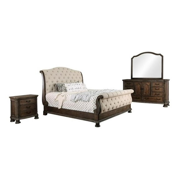 FOA Kai 4pc Natural Tone Wood Bedroom Set - Queen Nightstand Dresser Mirror