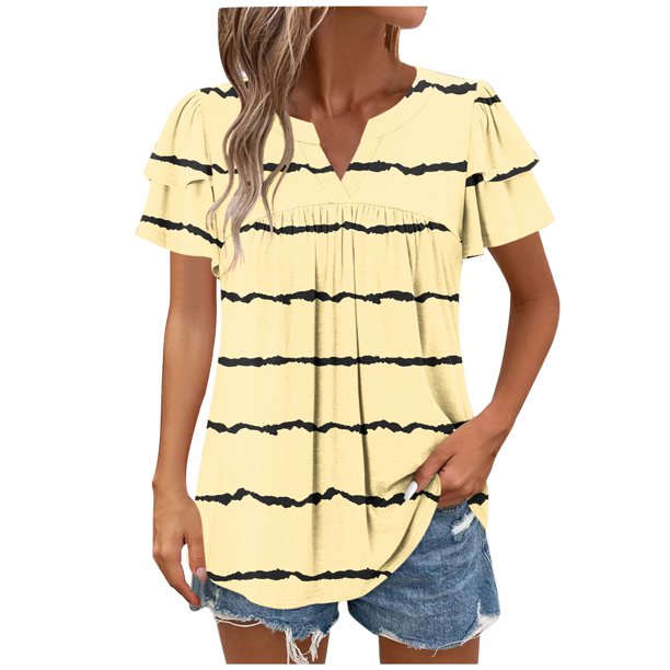Camisas de Cuello de Tripulación de Manga Corta para las Mujeres Plisado Mangas de Ruffle, Cuello Redondo Casual Primavera Y Blusa de Verano
