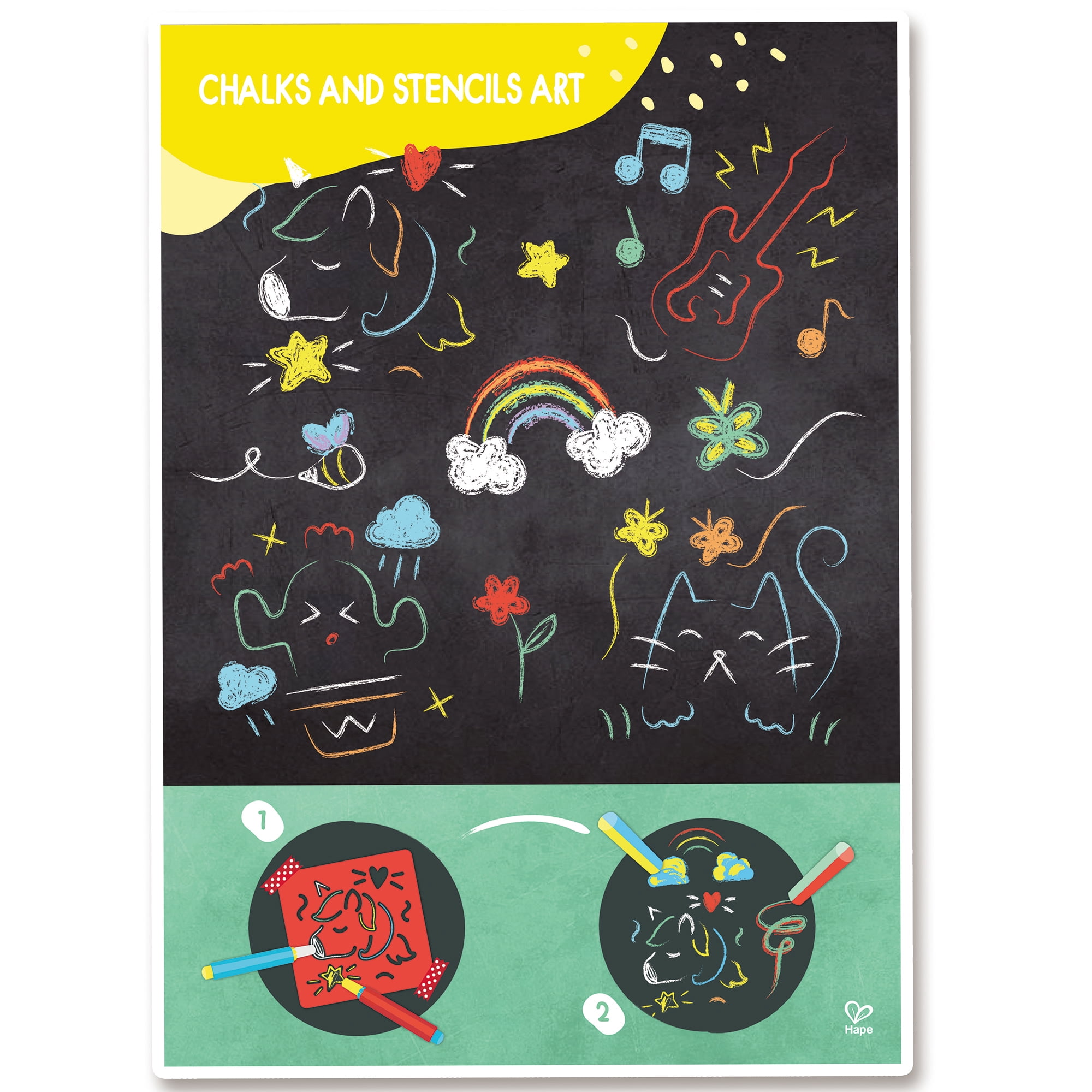 Hape: Chalks & Stencils Art - 22pcs, Activity Art Kit, Stencils, Colorful Dustless Chalk Pieces & Holders, DIY Arts & Crafts Playset, Kids Ages 3+