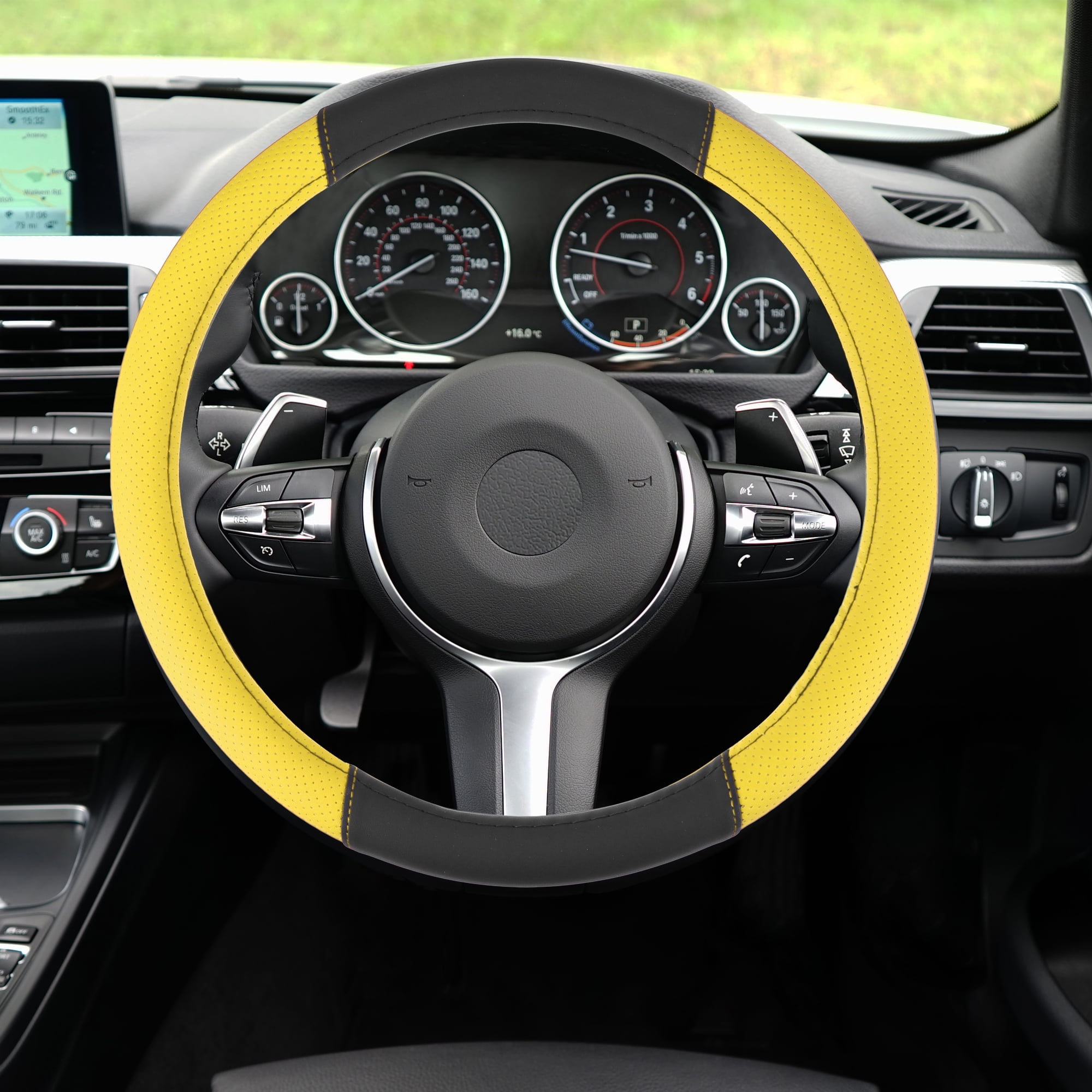 Motoforti Steering Wheel Cover for Car Truck Universal Car Accessories Faux Leather Black Yellow
