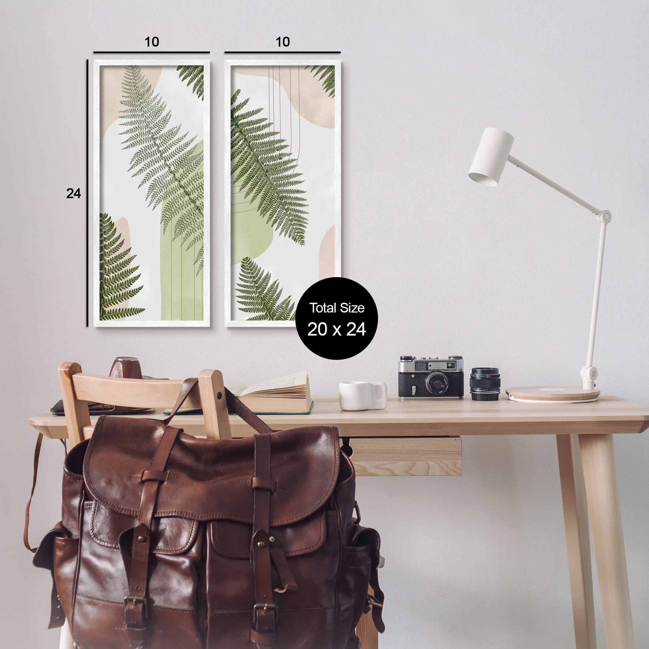 Fern Leaves Pastel Geometric Botanical & Floral Graphic Art White Framed Art Print Wall Art, Set of 2