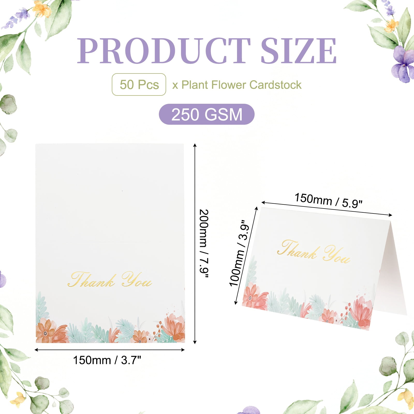 Uxcell 50Pcs Thank You Cards, 5.9"x7.9" Floral Folded Blank Cardstock, Thank You Notes for Greeting Cards Wedding Graduation Birthday DIY Craft Invitations, Daisy Cluster Style