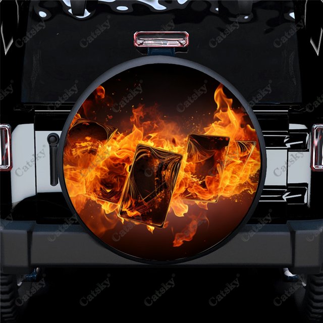 Burning Card Flaming Ace Polyester Universal Spare Wheel Tire Cover Custom Tire-Covers for Trailer RV SUV Truck Camper