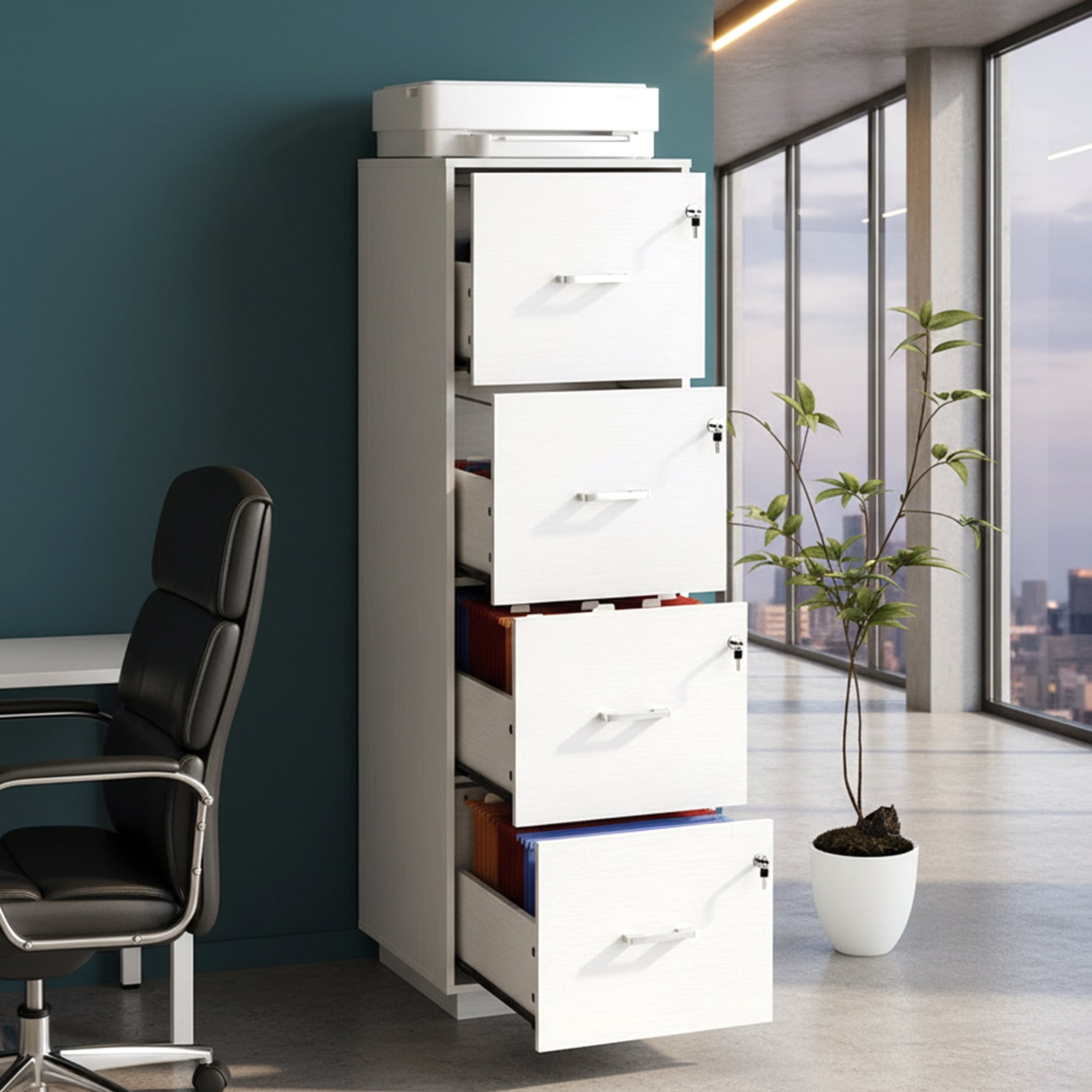 Ktaxon Wood 4-Drawer Lateral File Cabinet with Lock for Home Office, Lockable Filing Cabinet, Easy to Assemble, White