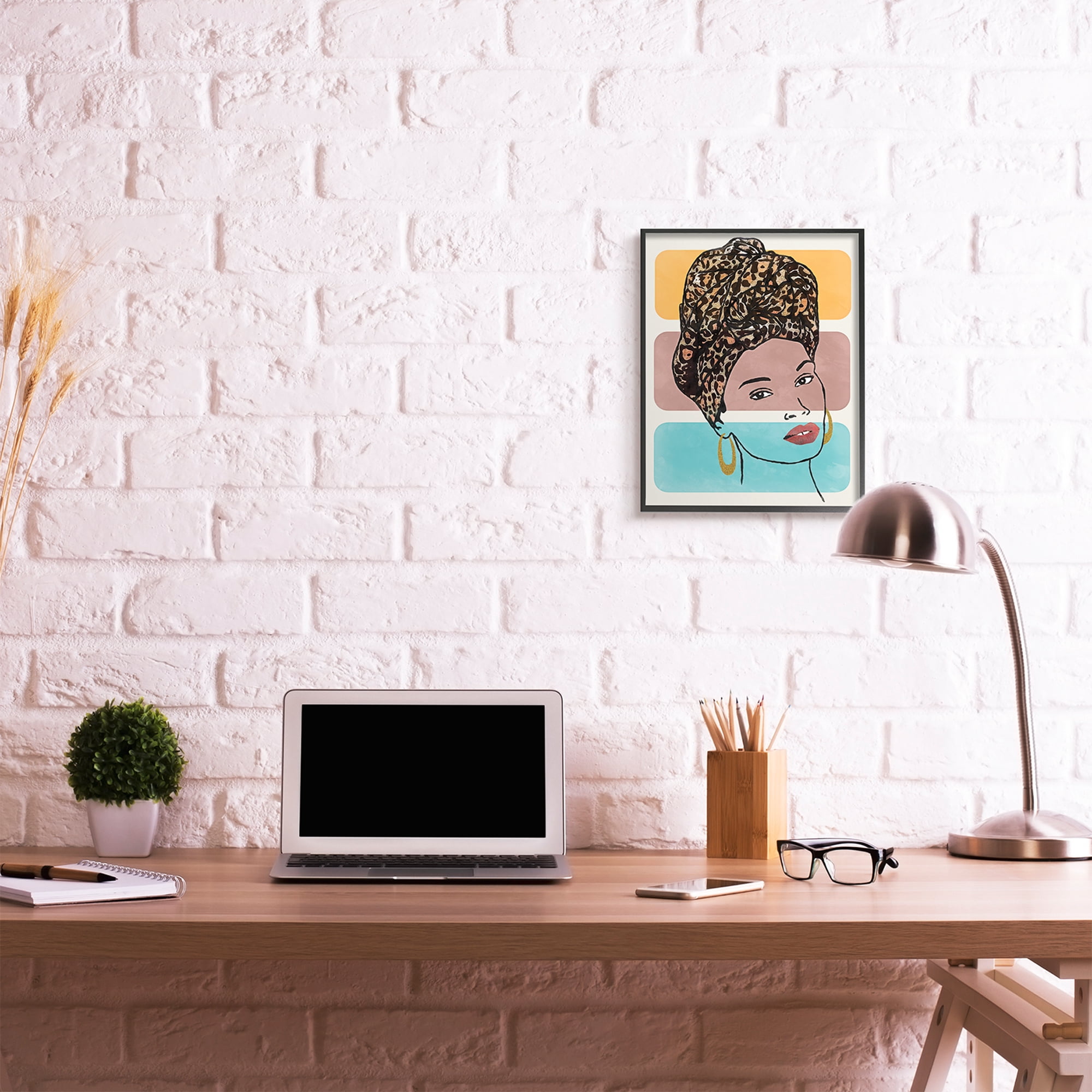 Stupell Industries Fashion Headwrap Portrait Over Bold Blocked Shapes Novelty Painting Black Framed Art Print Wall Art, 16 x 20