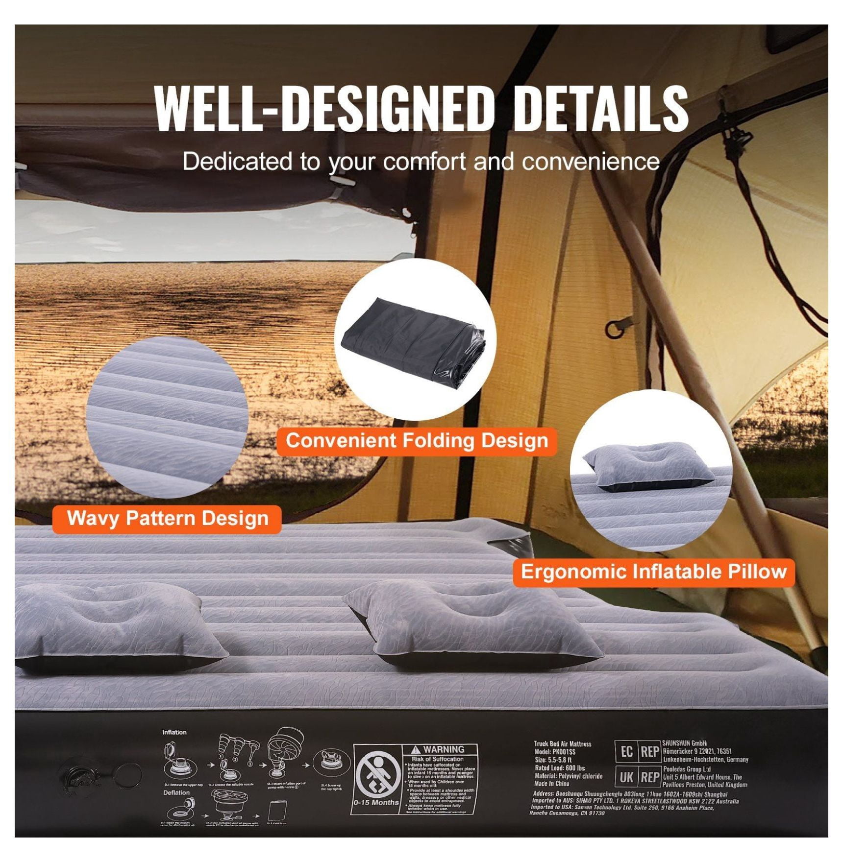 Truck Bed Air Mattress 5.5-5.8ft Short Bed, Camping Mattress with 12V Pump & 2 Pillows