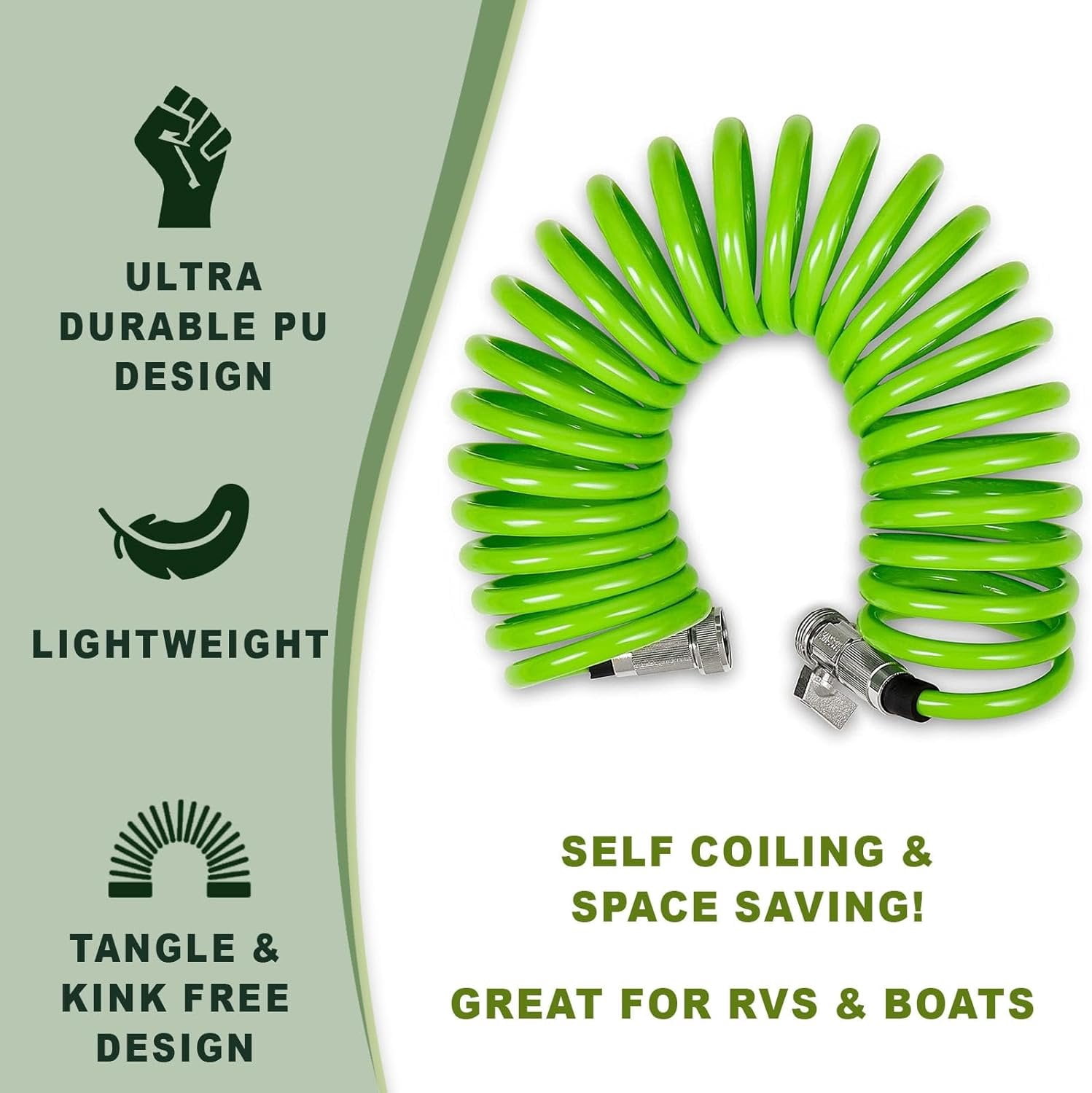Morvat 50FT Green PU Recoil Garden Hose with on/off Valve & 10-Way Spray Nozzle