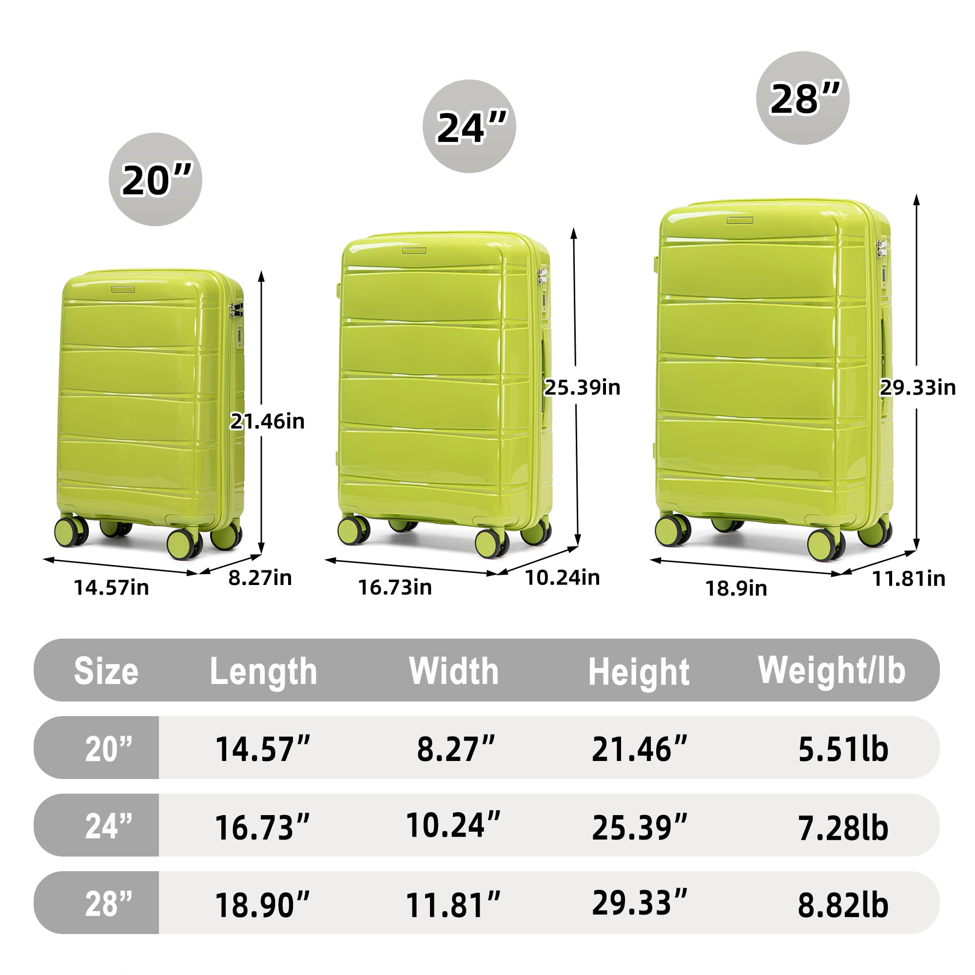 Alvantor 3 Piece Hardshell Luggage Set PP Hardside Suitcase with Iron Telescopic Handle Side Hook 20"24"28"(Green)