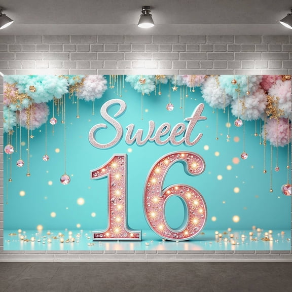 Glittery Sweet 16 Banner Pink 16th Birthday Backdrop Gold Crystal Sweet Sixteen Display for Sweet 16 Party Teenage Birthday Girls Celebration