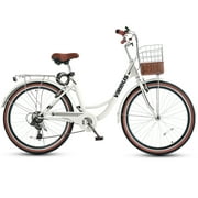 Viribus 24 Women's Cruiser Bike for Adults, 7-Speed Beach & City Bicycle with Basket Rack, White