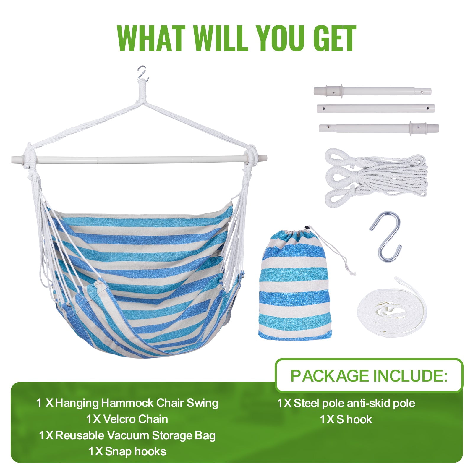 Backyard Expressions Striped Hammock Chair Hanging Rope Swing Chair, Anti Slip Steel Spreader Bar