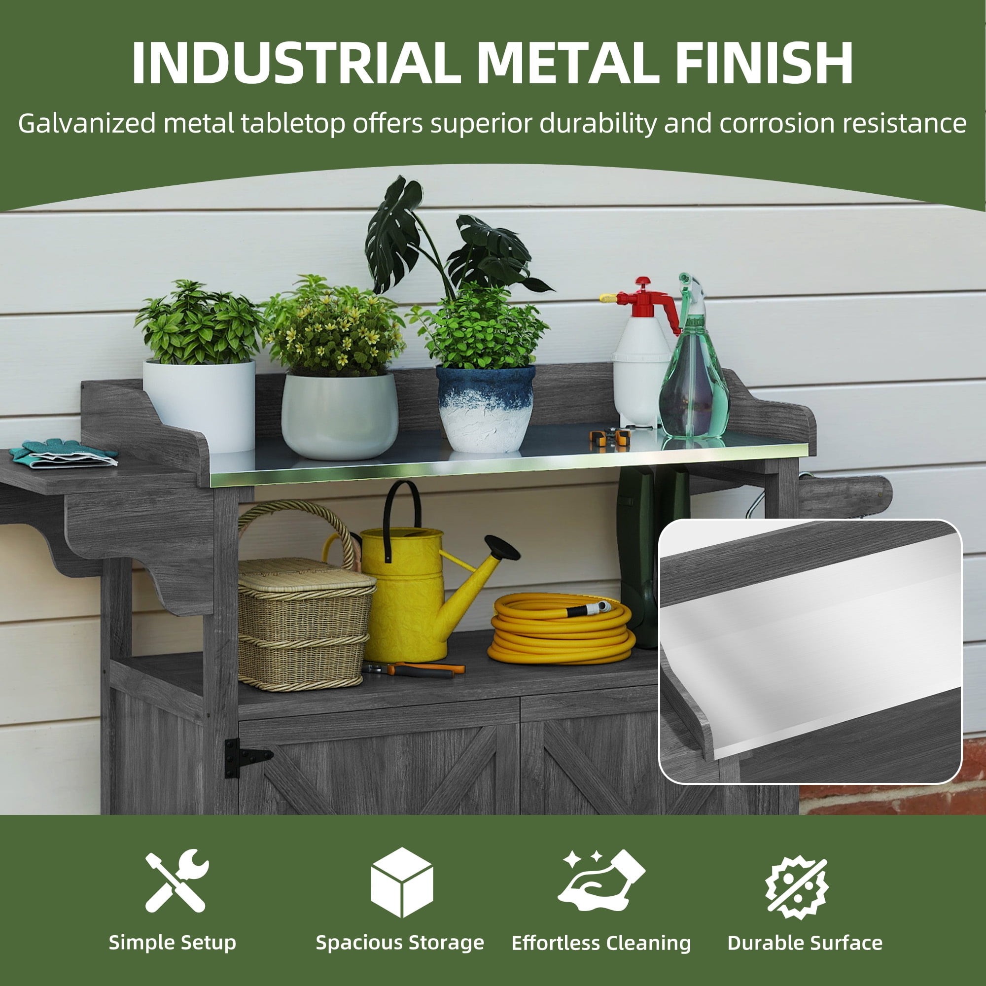 Uforic Outdoor Potting Bench Table, Planting Work Bench with Galvanized Metal Tabletop, Foldable Side Panel, 4 Casters, Adjustable Shelf, Garden Workstation for Patio/Backyard, Gray