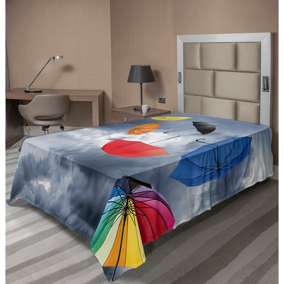 Ambesonne Colorful Flat Sheet, Flying Umbrellas Clouds, TwinXL Size, Multicolor