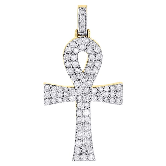 10K Yellow Gold Round Diamond Mini Ankh Cross Pendant 1.50" Mens Charm 1.50 Ct.