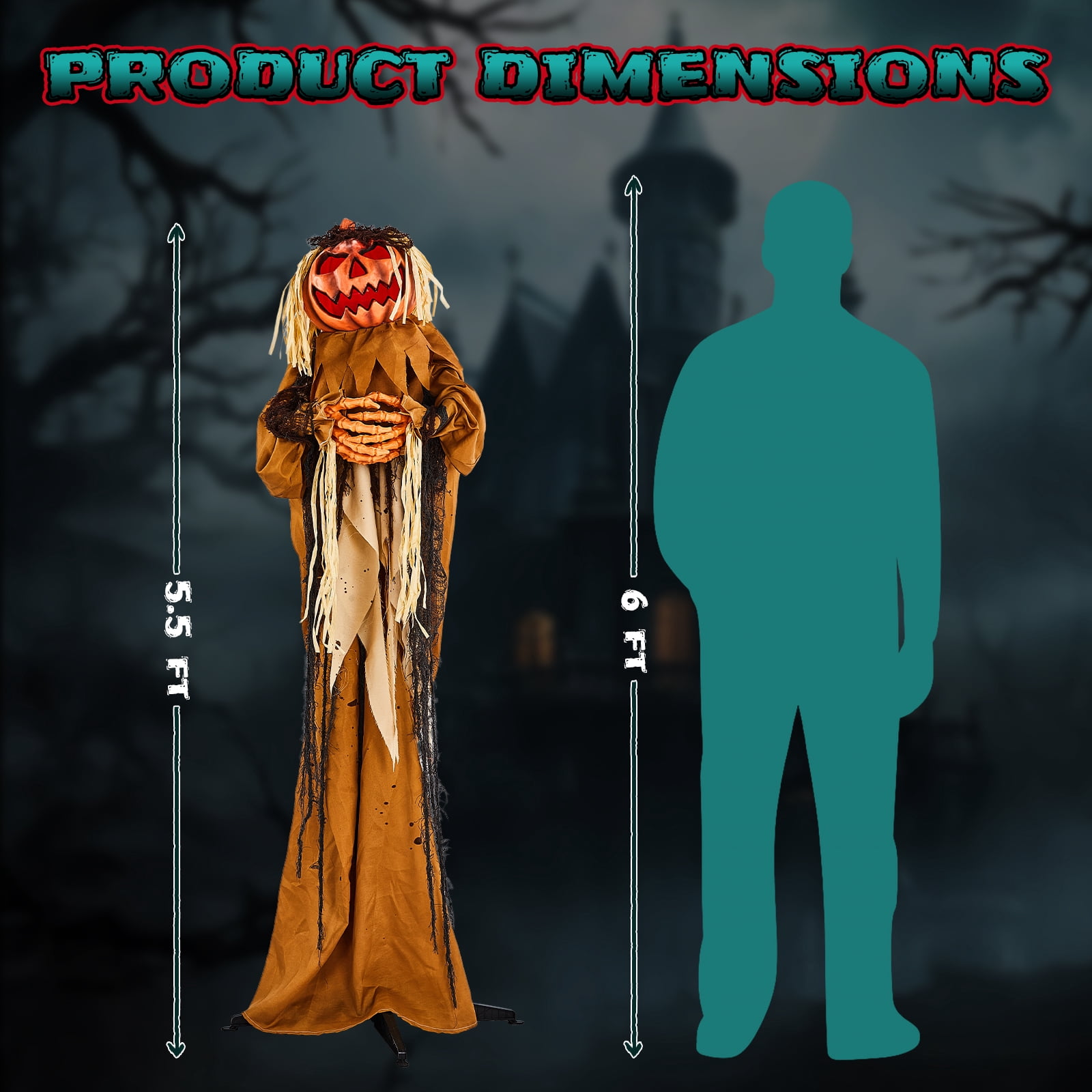 Astoutdoor 5.5 ft Halloween Pumpkin Man Animatronic Decoration with Red Glowing Head, Sound-Activated Head-Turning Motion and Male Voice, Battery Operated, Red