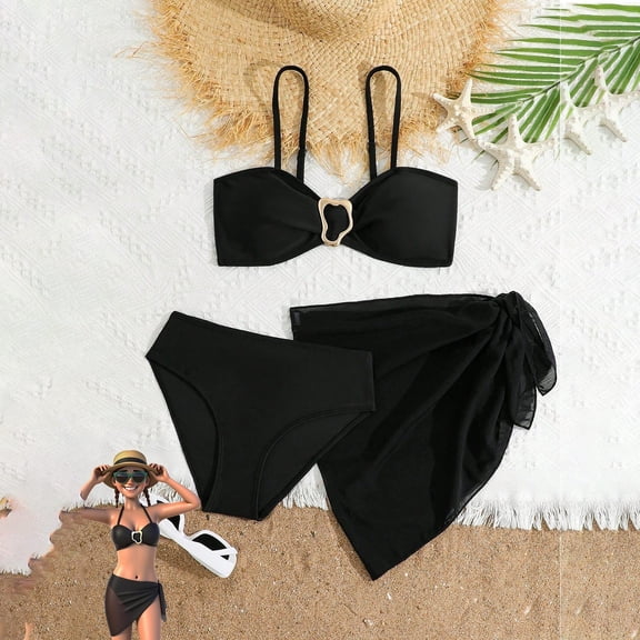 HOWPAY Swimsuit for Girls Sleeveless Tankini Bikini Bottoms Swim Suit with Cover up Skirt Solid Color Sport Summer Beach 2 Piece Swimwear Black