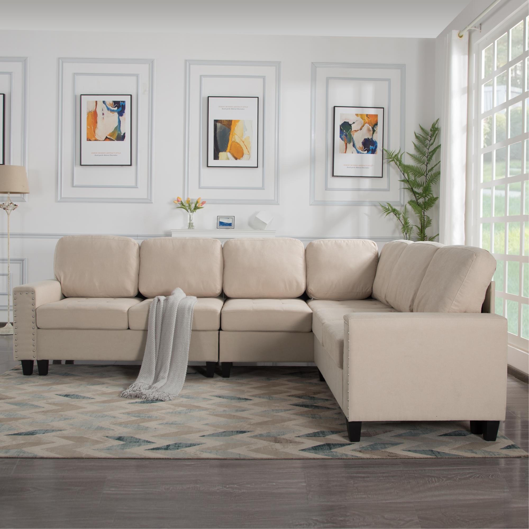 Gewnee 108" High Backrest Sectional Sofa&Couch,L-Shape Sectional Sofa Convertible Left or Right Chaise,Linen Blend，Ding Head Design,6-Seater Seating and Suitable for Living Room.(Beige)