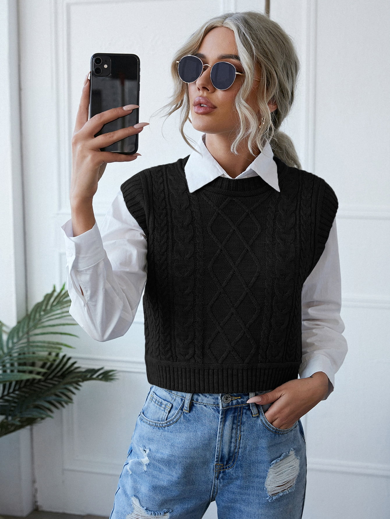 Black Cable Knit Sweater Vest Without 