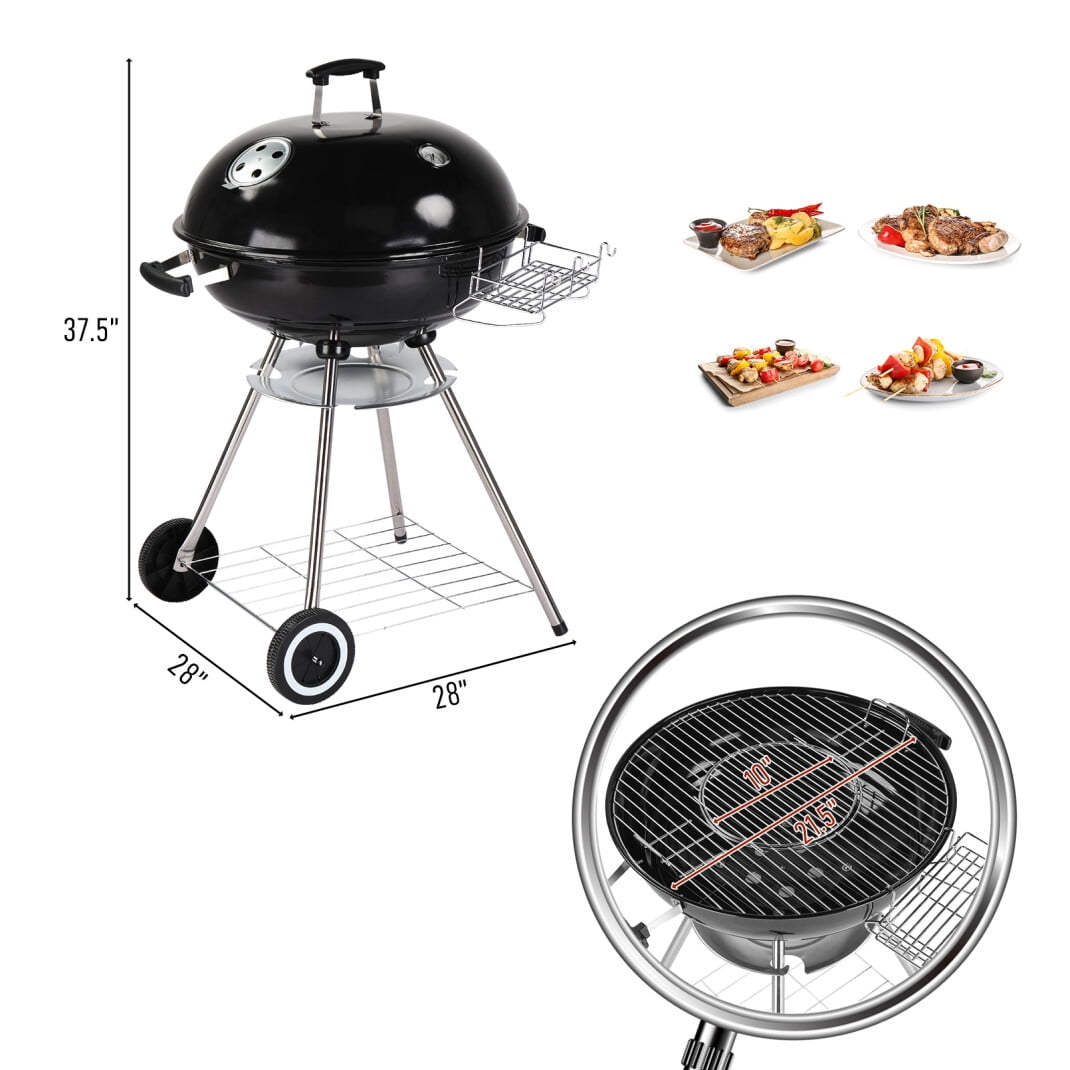 28 inch Charcoal Grill, Portable BBQ Grill with Wheels, Storage Holder, Porcelain-Enameled Lid, Ash Catcher & Thermometer, Round Barbecue Grill for Outdoor Backyard Camping