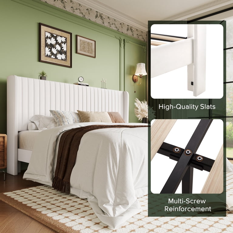 Einfach King Bed Frame, Upholstered Platform Bed with Wingback
