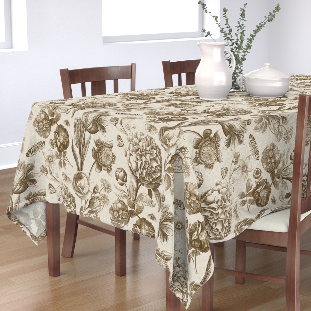 Tablecloth Botanical Floral Sepia Taupe Cream Antique Cotton Sateen