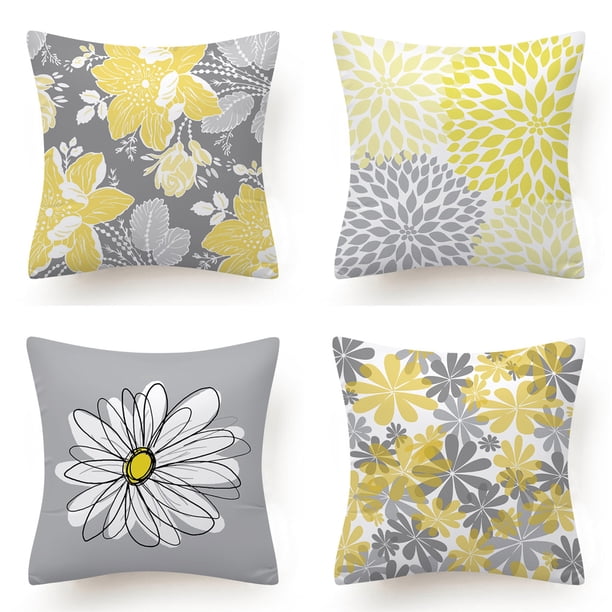 Juego de 4 fundas de cojín amarillas de 18 x 18, fundas de cojín decorativas grises para sofá, funda de almohada moderna con margaritas para sala de estar, cojín, cama, exterior, amarillo y gris, dec JAMW Sencillez