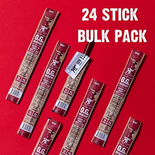 Righteous Felon Grass-Fed Meat Sticks - Low Sugar, High Protein Beef - OG Hickory, 24 pack