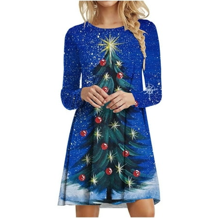 

Zedker Plus Size Dresses for Wedding Guest Midi Length Party Dress for Women Long Sleeve Women s Fashion Christmas Christmas Tree Print Long Sleeve Crew Neck Dress