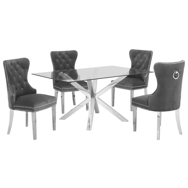 Rectangular 63" x 39" 5 Piece Dinette Set with Silver Stainless Steel and Chairs