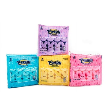 Marshmallow Peep Bunnies Easter Colors - 4 Packs of 8 - Yellow, Lavender, Pink, and Blue Bunnies - Old Fashioned Candy - Retro Treats for Easter Baskets and Decorations