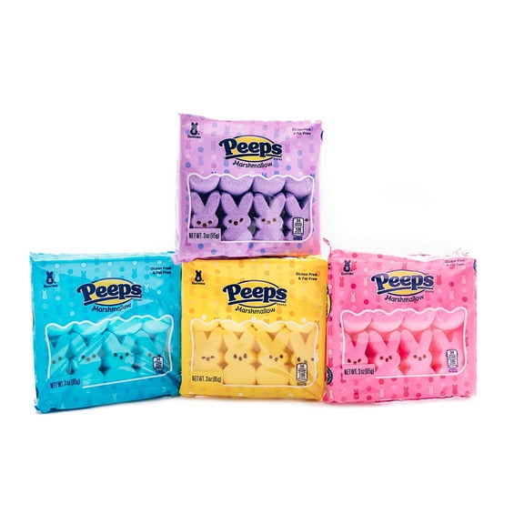 Marshmallow Peep Bunnies Easter Colors - 4 Packs of 8 - Yellow, Lavender, Pink, and Blue Bunnies - Old Fashioned Candy - Retro Treats for Easter Baskets and Decorations