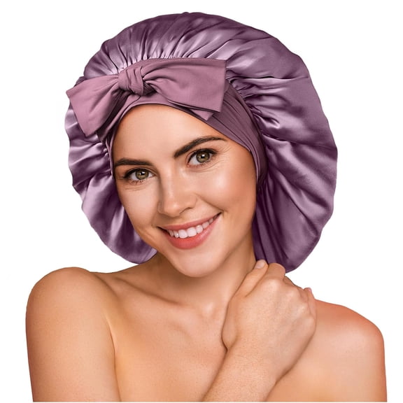 TELOLY 100% 22 Momme Mulberry Silk Bonnet for Sleeping Women,Larger Double Layer Silk Hair Wrap for Curly Short Long Hair,Non-Slip Sleep Cap Turban with Elastic Tie Band for Hair Care,Deep Purple