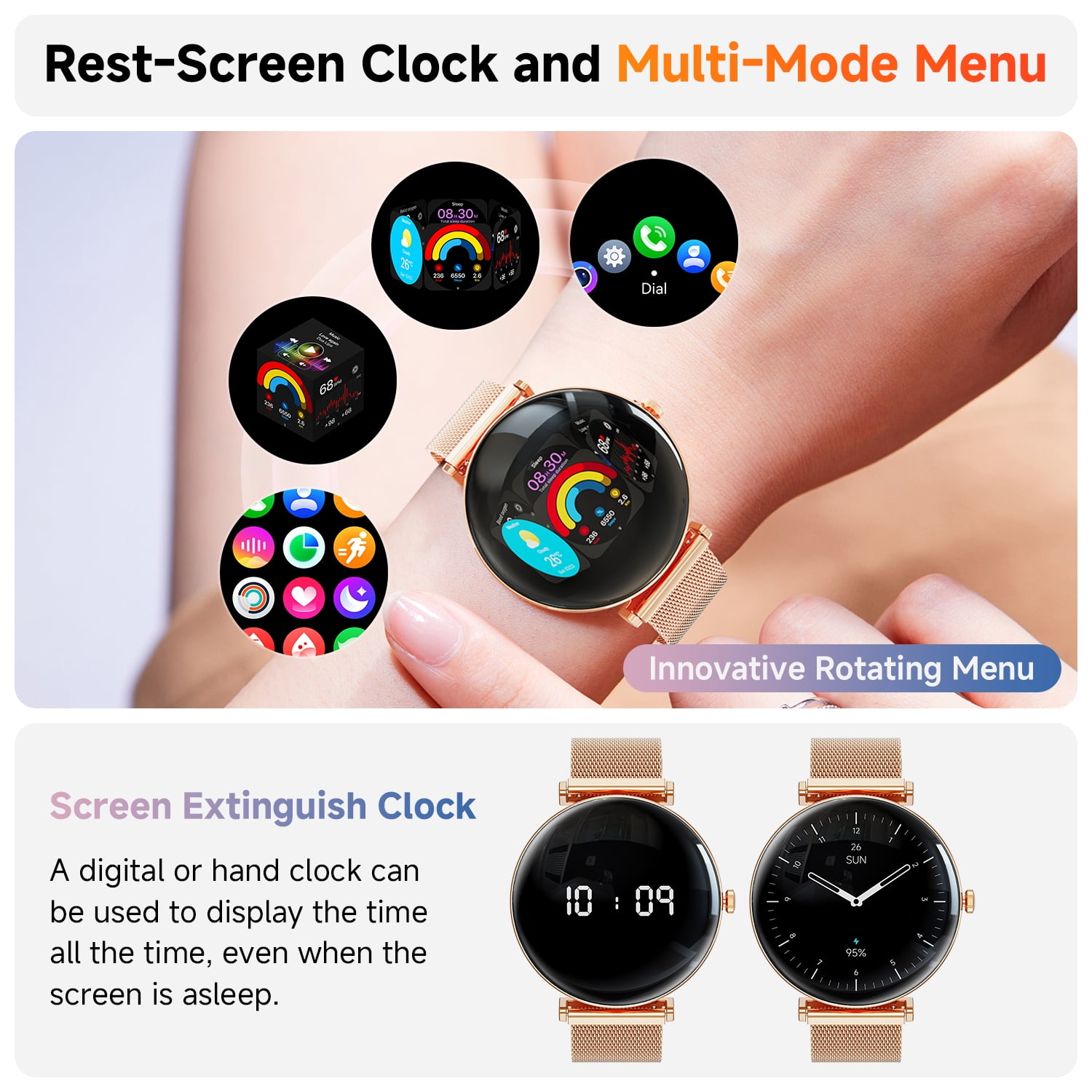 【AMOLED】Mingdaln 42mm Smart Watch for Women, fits for Android and Iphone Devices,with IP68 Waterproof/150+ Sport Modes,perfect gift,2 straps(Gold) 【AMOLED】Mingdaln 42mm Smart Watch for Women, fits for Android and Iphone Devices,with IP68 Waterproof/150+ Sport Modes,perfect gift,2 straps(Gold) - Image 6
