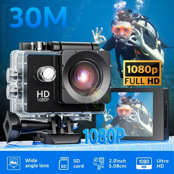 [1080P HD Sports Camera] 1080P HD Sports Camera Kit | Outdoor Action Camera with USB 2.0, Underwater, Full LCD, Mini Camera, Rechargeable Battery, and Mounting Kit (Black) for Swimming, Skiing