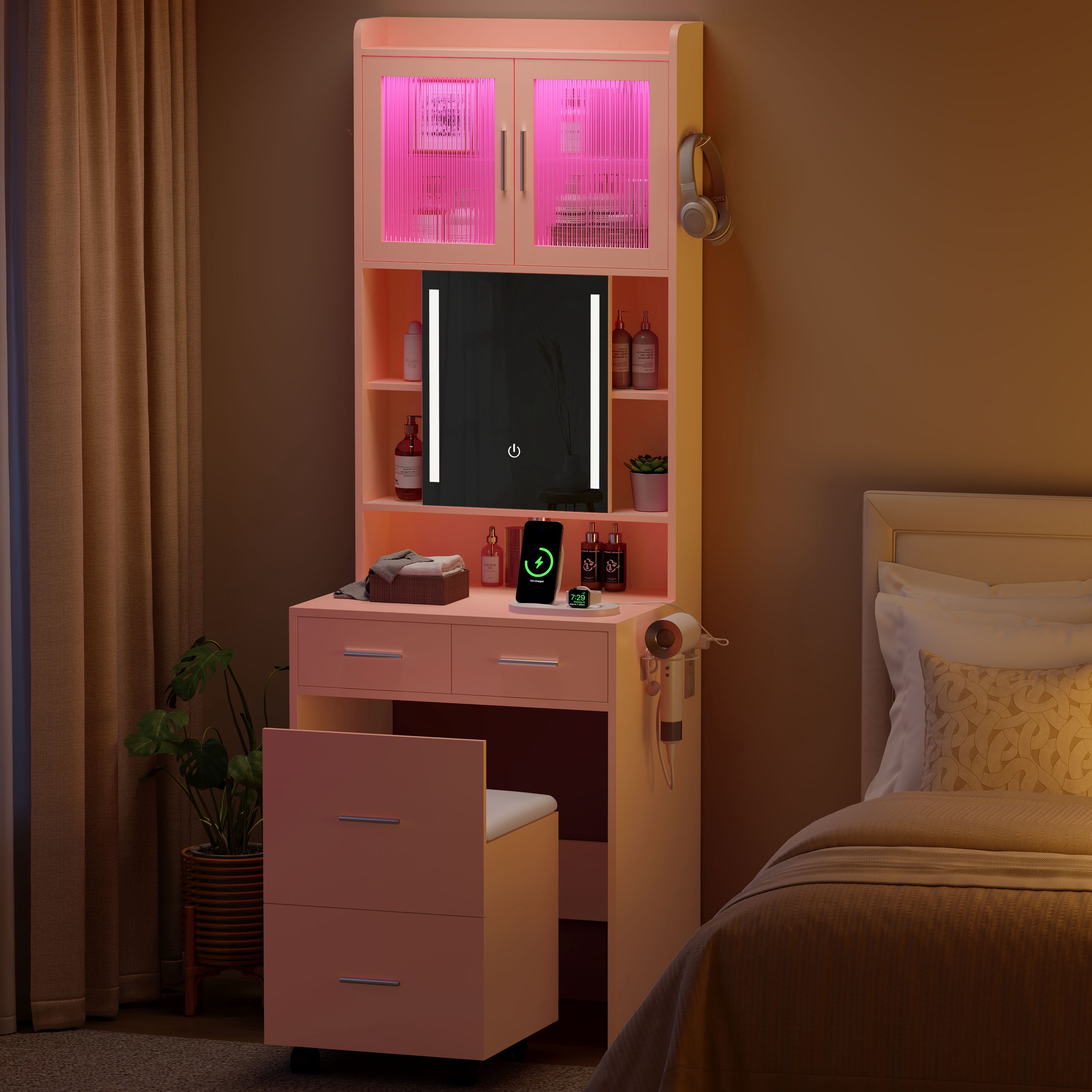 Ktaxon Makeup Vanity Table for Small Spaces, Vanity Table Set with Charging Station and Sliding Mirror, Bedroom Makeup Table, Pink