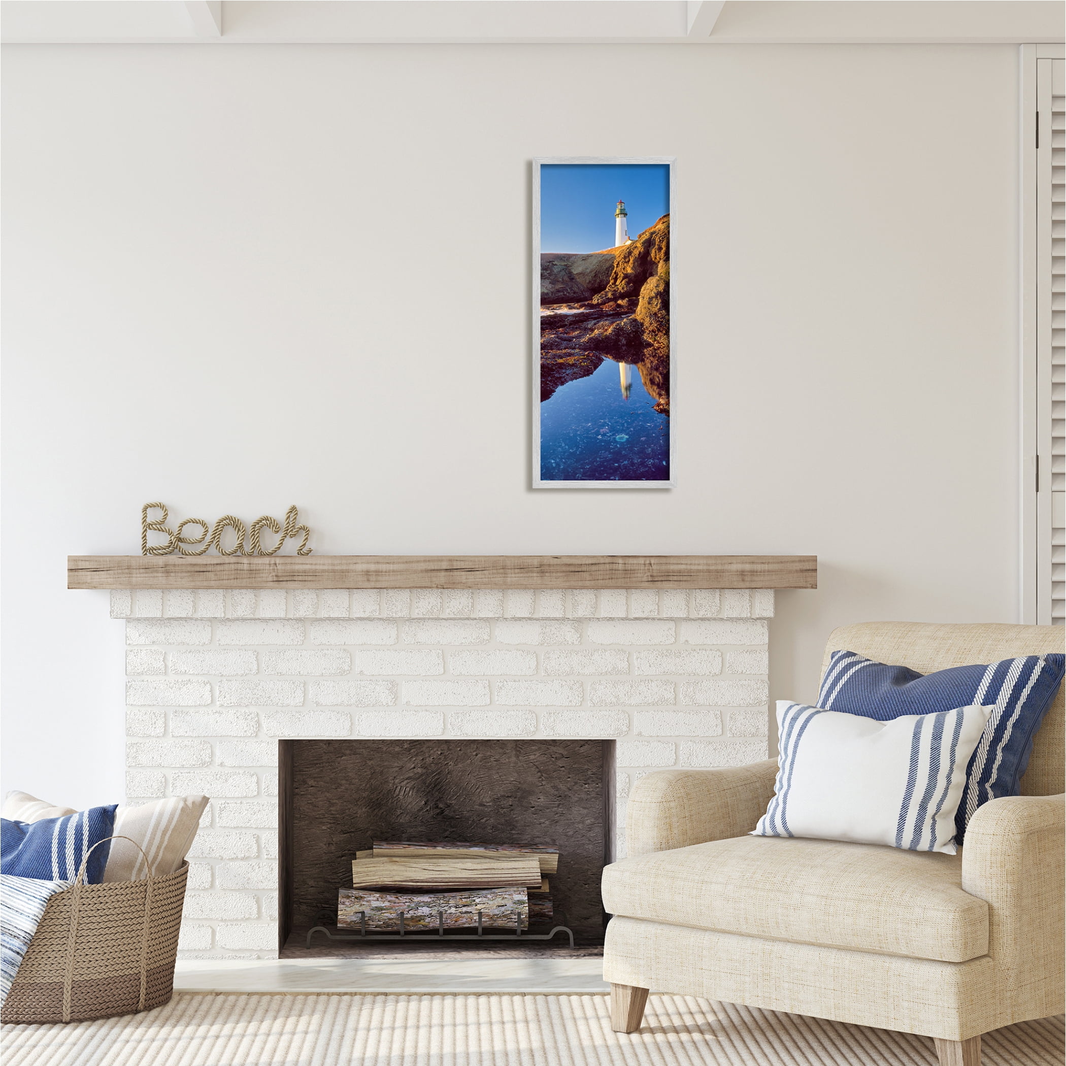 Stupell Industries Lighthouse Water Reflection Nature Photography Gray Framed Art Print Wall Art, 13 x 30