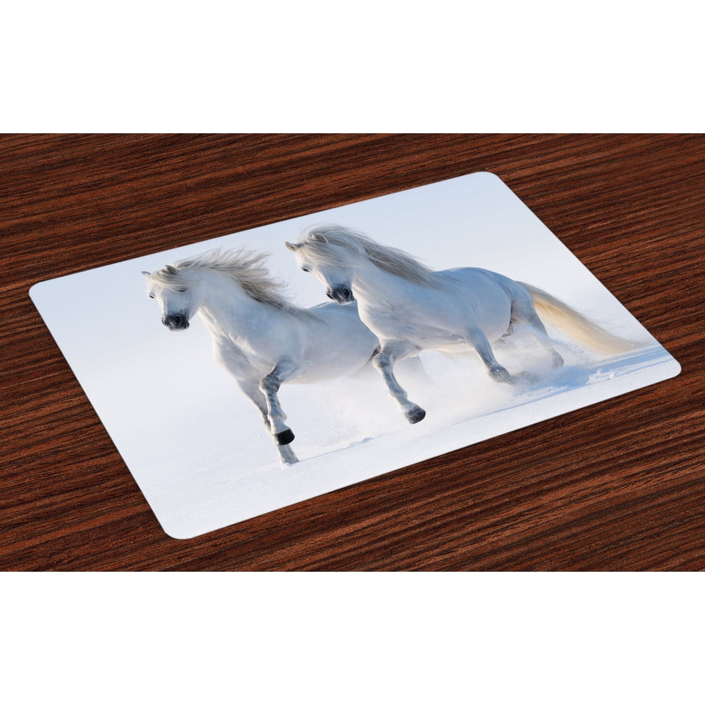 Winter Placemats Set of 4 Galloping Noble Horses on Snow Covered Field