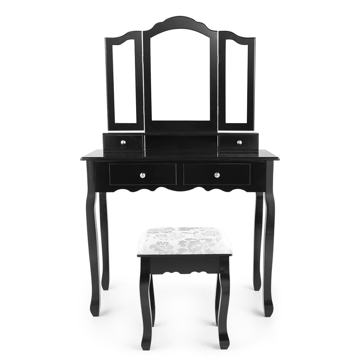 Kepooman Vintage Wooden Vanity Set, Makeup Dressing Desk with Cushioned Stool & Tri Folding Mirror - Black Kepooman Vintage Wooden Vanity Set, Makeup Dressing Desk with Cushioned Stool & Tri Folding Mirror - Black