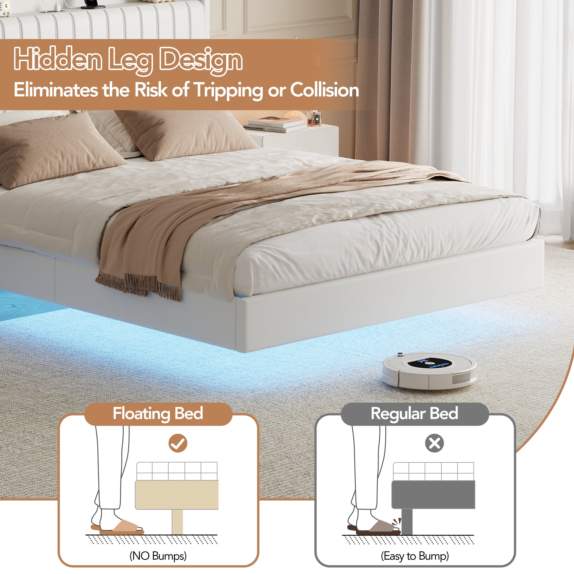 Amkui Queen Bed Frame with Upholstered Headboard, Metal Platform Bed with USB Charging Station & Storage, Floating Bed Frame with Romantic LED Lights, Easy Assembly, No Box Spring Needed