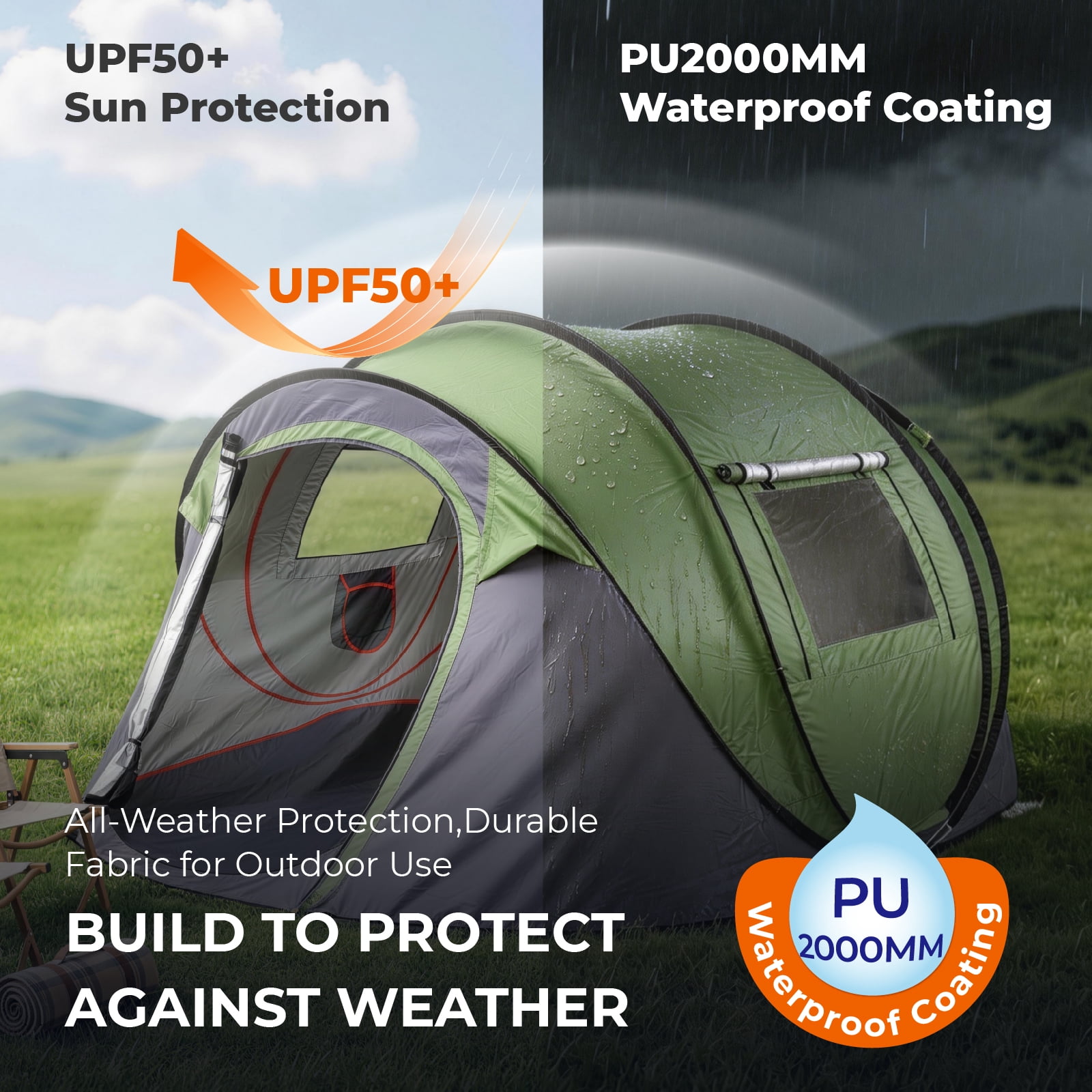 4 Person Pop Up Tent for Camping, Waterproof Instant Family Tent with Front Awning, Automatic Tent Throw Pop Up Instant Flip Pop Tent for Camping, Green