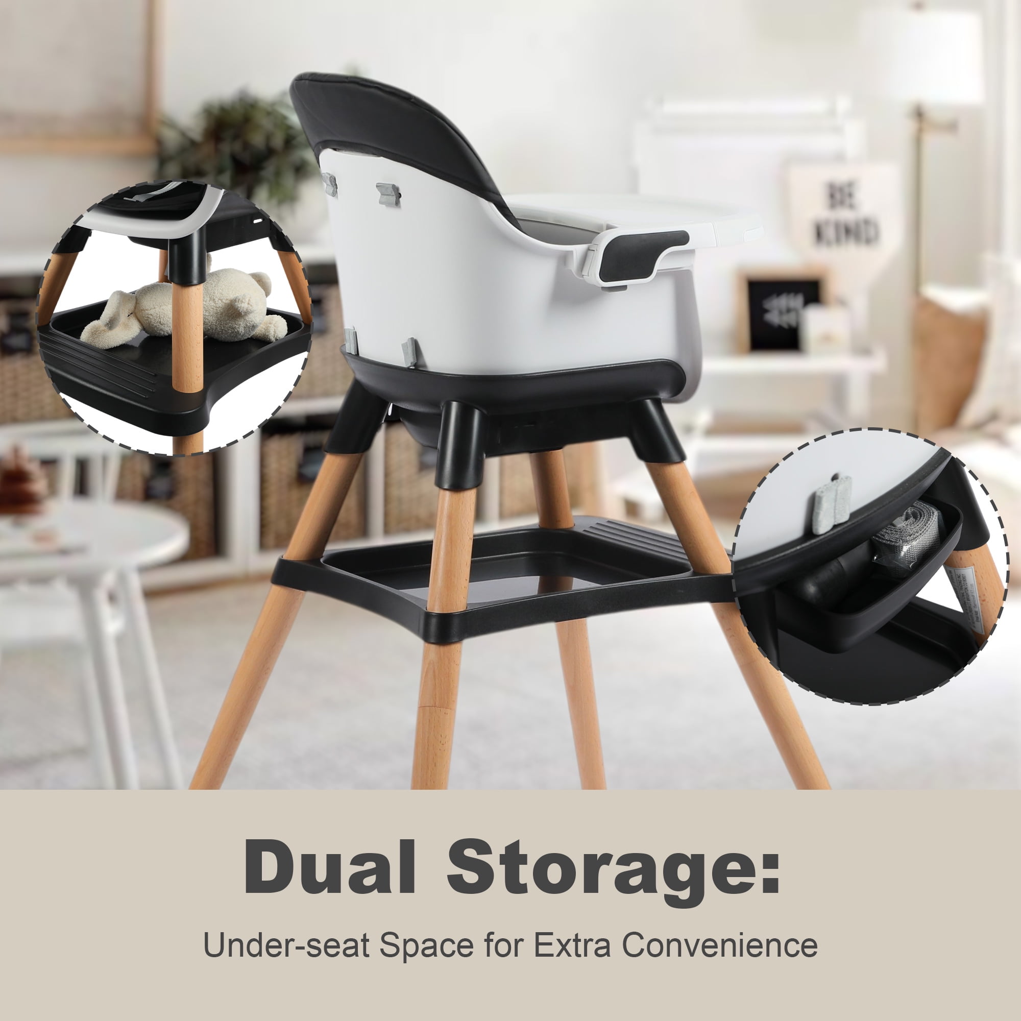 AILEEKISS 7 in 1 Wooden Baby High Chair for Toddler, Infant Feeding Chair with Removable Tray, Black
