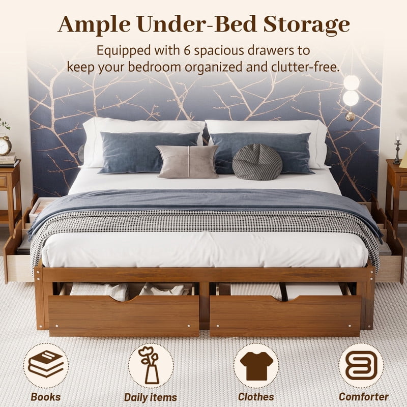 Queen/King Size No Box Spring Required Platform Bed with No Headboard, Wooden Storage Bed Frame with 6 Drawers